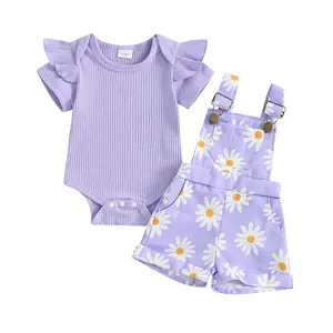 Ma&Baby Baby Girl Summer Outfit Short Sleeve Ribbed Romper Floral Print Overall Skirt Dress 2Pcs Newborn Outfit