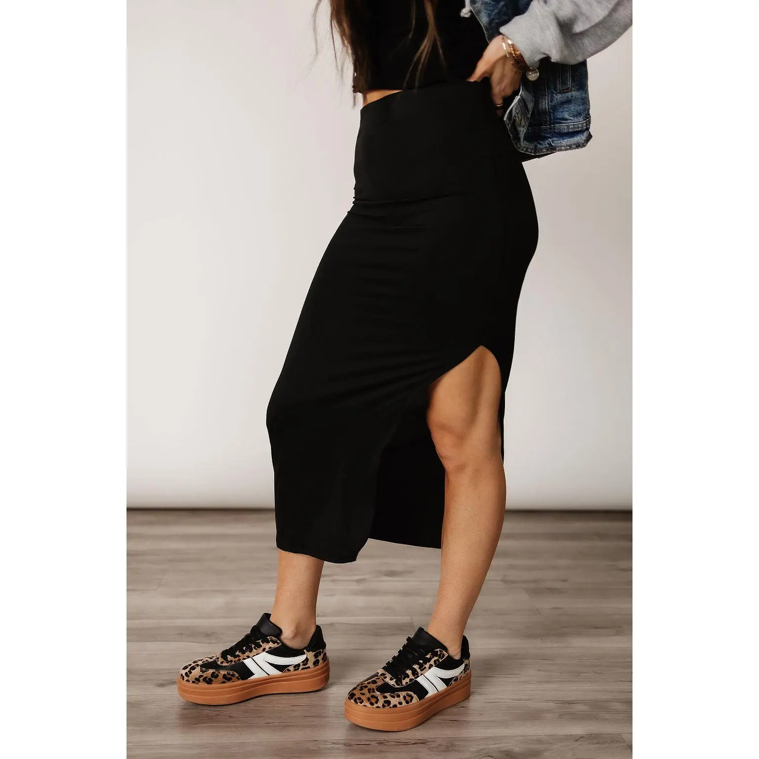 Women's Black Spandex Blend Bodycon Maxi Skirt - 38 Inches, Minimalist, Slim-Fit, Casual, Graphic, High Side Slit, Elastic Waist Bottom, Simple, Plain