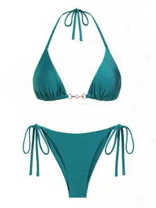 SEAMOLY black friday deals 2025 Faux Pearl Bikini Set - Two-Piece Women's Solid Color Bikini Top & Swim Knicker, Adjustable Halter Neckline & Removable Padded Cups, Summer Beach Swimsuit for Women