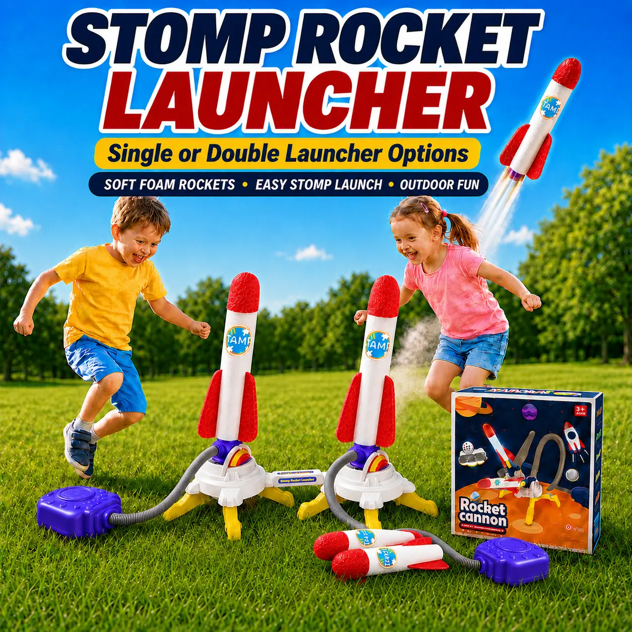 Stomp Rocket Launcher Set for Kids with Light-Up Foam Rockets toys, Single or Double Launcher Options toys, Two- Player Races & Backyard Fun, Includes 3 or 6 Rockets, Age 3+, Foam Tip