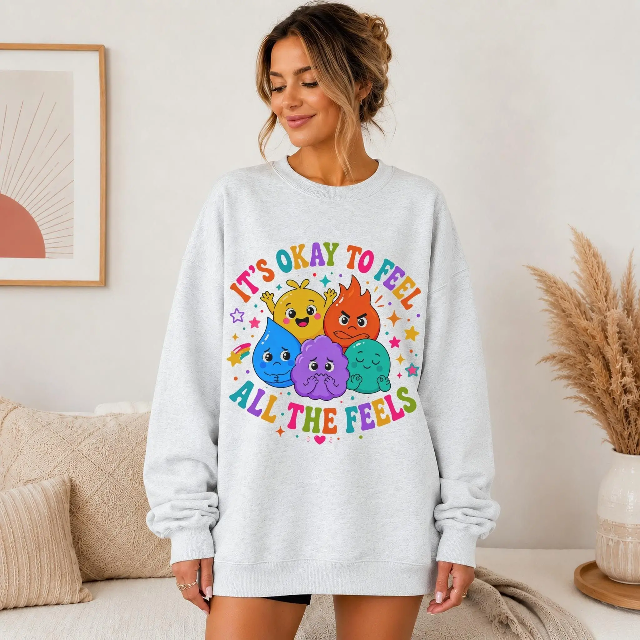 BCBA T-Shirt, Sweatshirt - It's Okay to Feel All the Feels Crewneck, Colorful Inside Out Emotions Aesthetic ABA Therapist Pullover
