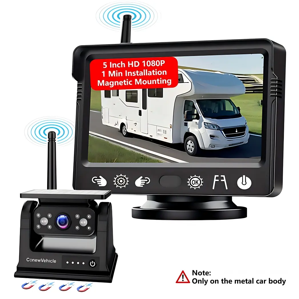 ConewVehicle Magnetic Solar Wireless Backup Camera for Truck, 5 Inch No-Drill Installation RV Backup Camera, 1080P Rear View Camera 150° Wide Angle, 24hrs Battery Life, 2.4Hz Signal, Night Vision, RVs,Trucks,Trailers,Campers