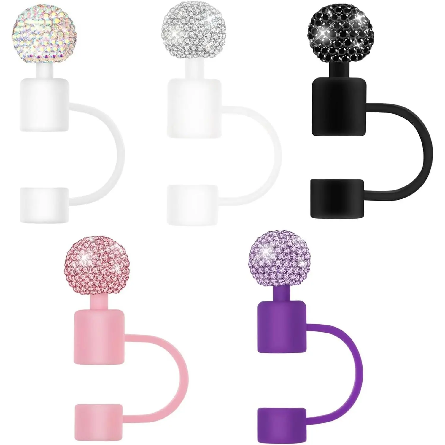 Bling Tumbler Straw Topper 5Pcs Cute Diamond Cover Cap for Stanley Cup Silicon Toppers Covers Water Bottle Accessories(White/Pink/Black/Purple/Colorful）
