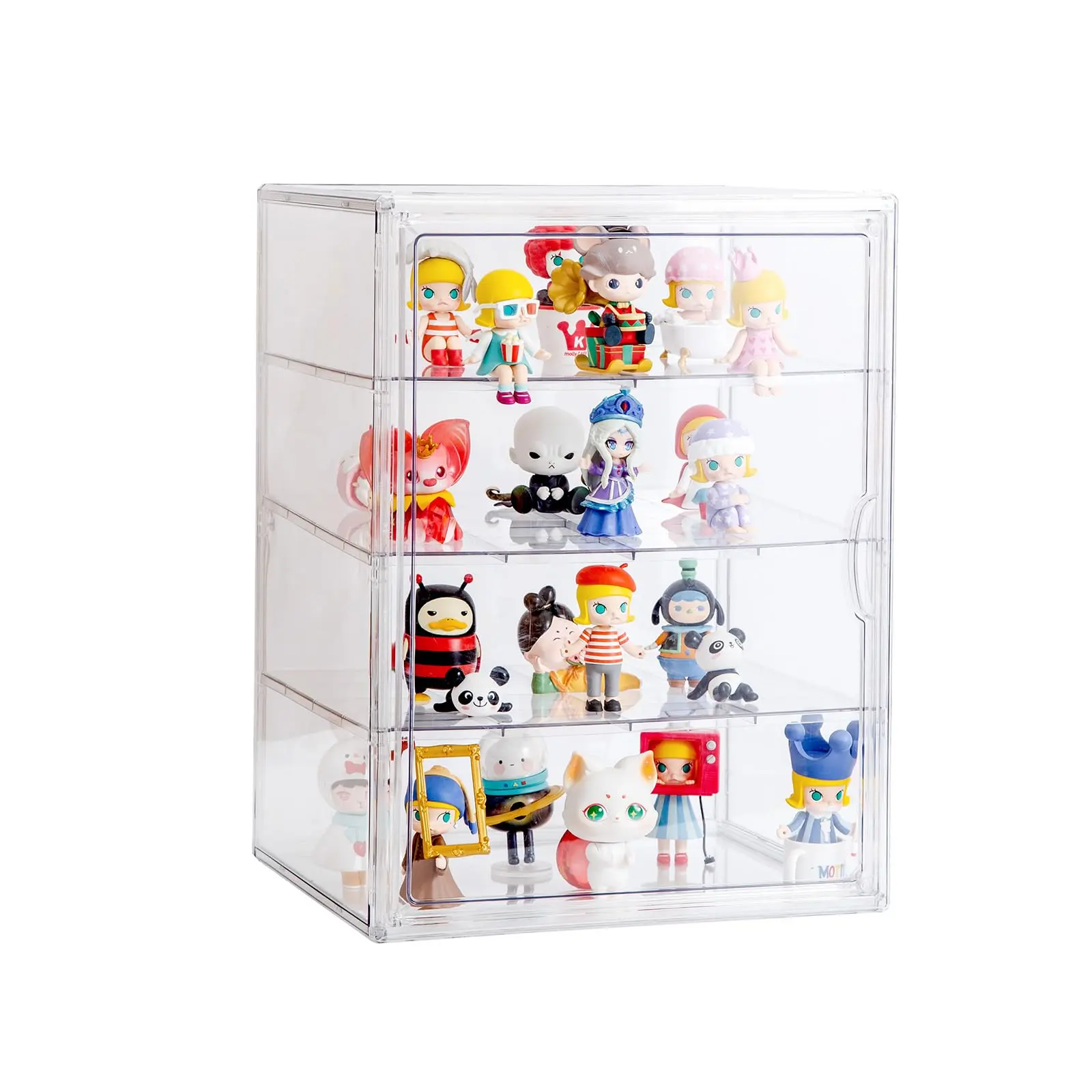 BOHOIDEE 4 Tiers Clear Acrylic Display Case for Closet, Purse Storage Organizers Box, Plastic Storage Bins with 3 Adjustable Divider and Magnetic Door