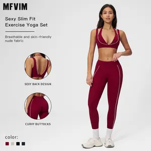 MFVIM nude-feel color-block sports set featuring a bra with contrasting lines and high-waisted, figure-flattering long pants—outdoor sports fitness set