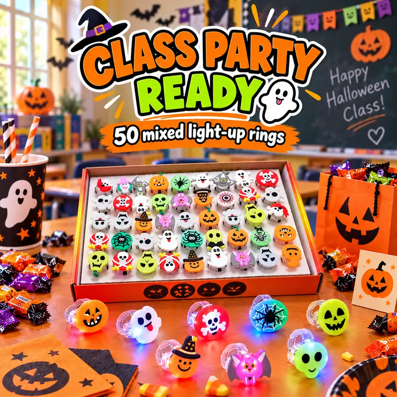 50pcs Glow Flashing LED Halloween Rings with LED Lights, Child Festive Party Favors, Halloween Goody Bag Basket Stuffers Fillers