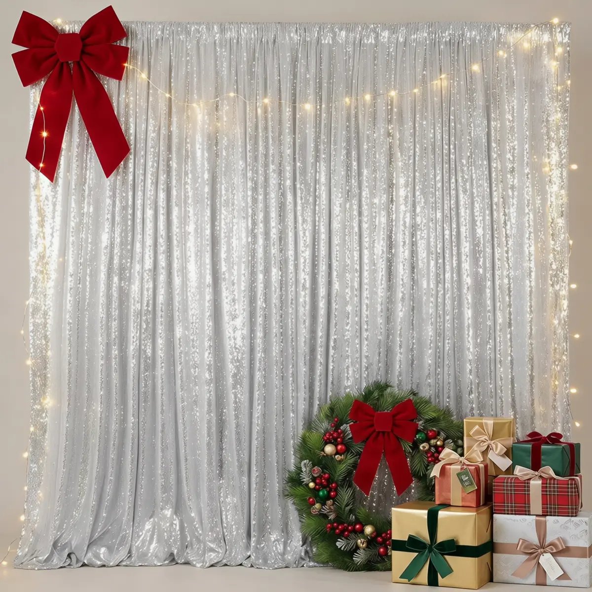 8ft x 8ft Silver Sequin Photo Backdrop Curtain, Shiny Round Sparkly Glam Fabric Banner for Wedding Reception, Christmas Party Decor (Home & Festive Party Supplies), Banners