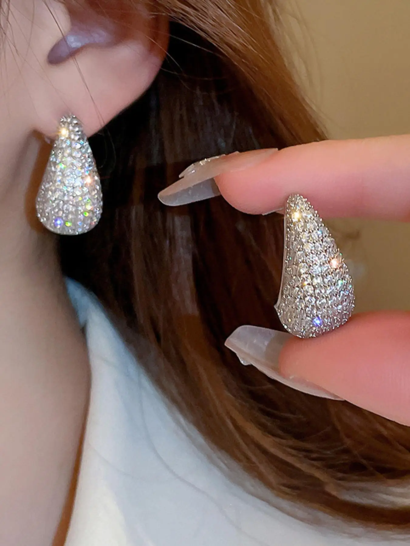 Summer Elegant Rhinestone Decorated Water Drop Shaped Stud Earrings, Fashionable Earrings For Women, Casual Jewelry For Party, Daily Clothing Decor