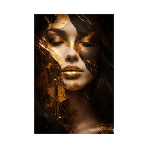Luxury Gold Fragment Woman Wall Art, Abstract Beauty Portrait Poster, Modern Glam Black Gold Print for Living Room Bedroom Aesthetic Decor