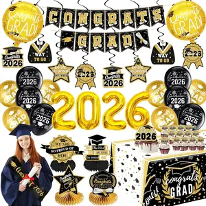 Black and Gold Graduation Decorations 2026 Class of 2026 Decorations - Includes 32 Inch Gold 2026 Balloons, Congrats Grad Banner, Tablecloth, Sash, Centerpieces - College High School Party Supplies