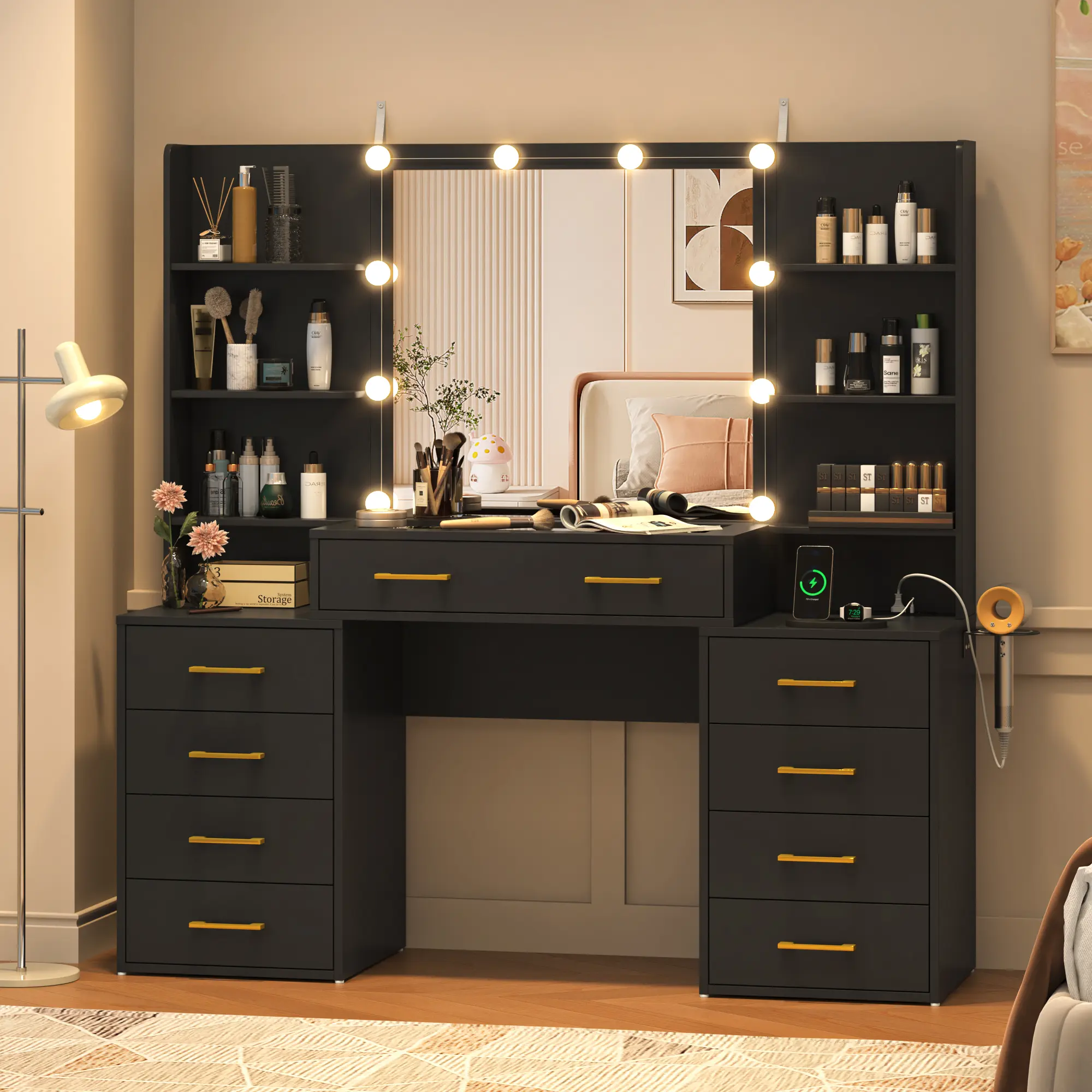 Glass Top Vanity Desk with Mirror and Lights, Large Vanity Makeup Mirror Desk with Charging Station Compartment Storage Drawers, Modern Makeup Vanity with 9 Drawers 6 Shelves, Black/White