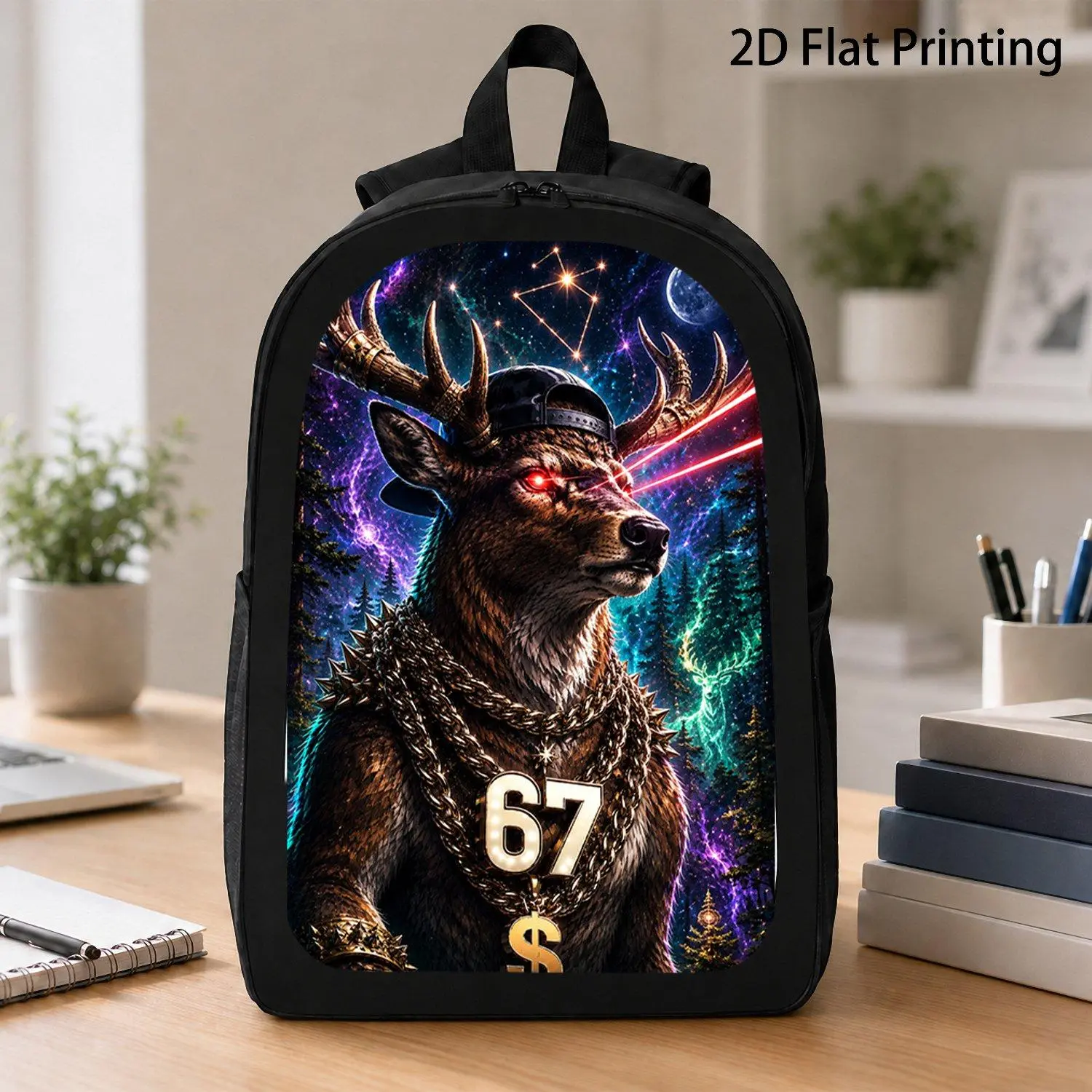 Unisex 17in Hip Hop Stag Deer Backpack - Gold Chain Number 67, Red Laser Eyes, Cosmic Forest Galaxy Art, Wild Animal Print, Casual Daily Rucksack Bag for Students