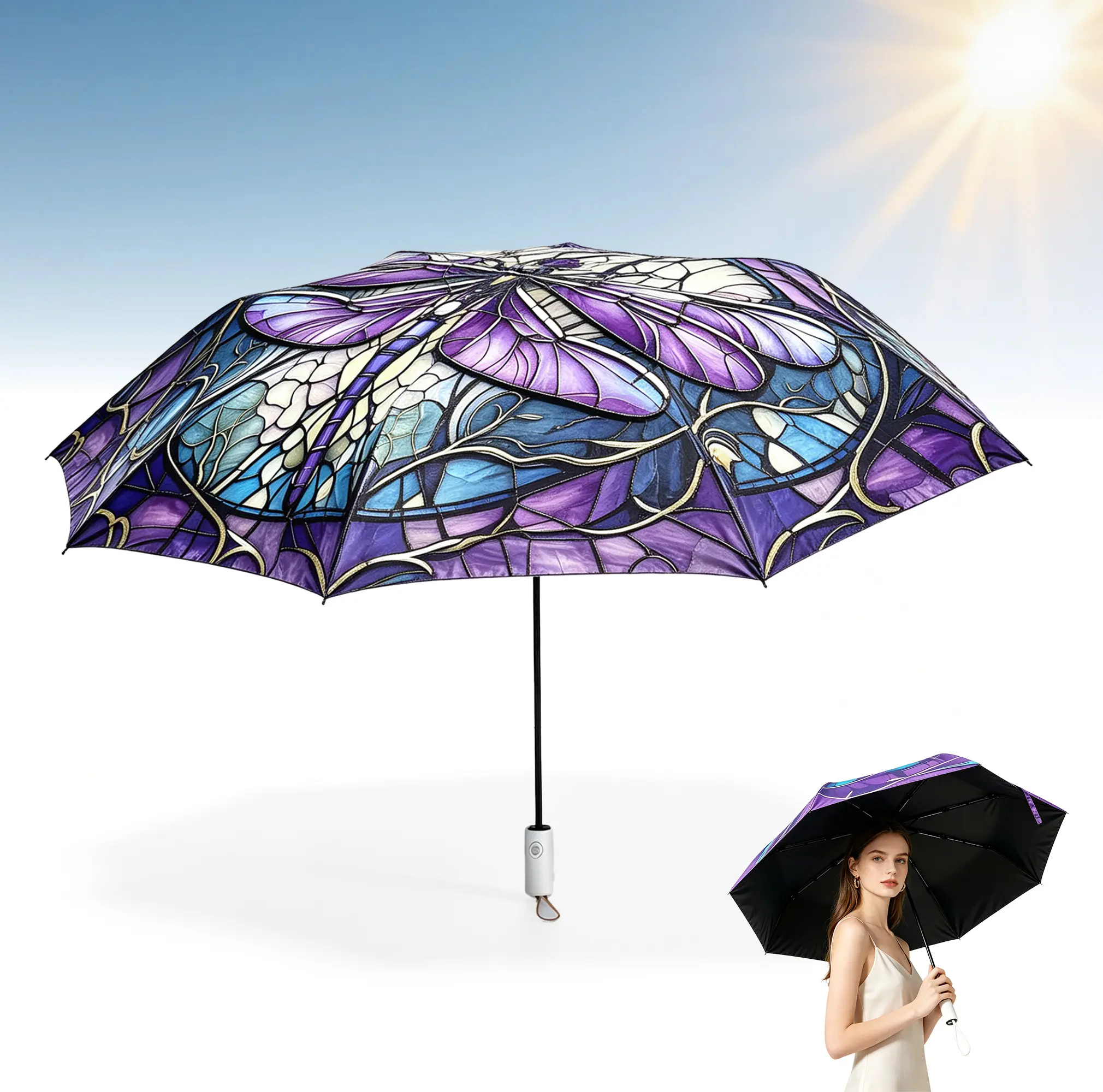 Automatic Open Close Windproof Umbrella with Elegant Purple Golden Dragonfly Design Portable Folding Lightweight for Women Men   Print
