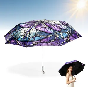 Automatic Open Close Windproof Umbrella with Elegant Purple Golden Dragonfly Design Portable Folding Lightweight for Women Men   Print