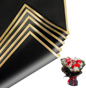 20 Sheets Floral Wrapping Paper, Waterproof Bouquet Wrapping, 22.8x22.8IN, Florist Supplies Packaging Paper, DIY Gift Box, Wedding & Birthday Gifts, Gold Edge (Black)