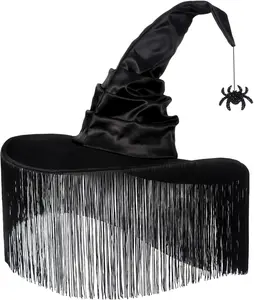 Witch Hat for Women – Black Witches Hat with Dangle Fringe & Spider | Halloween Costume Accessory & Party Decor