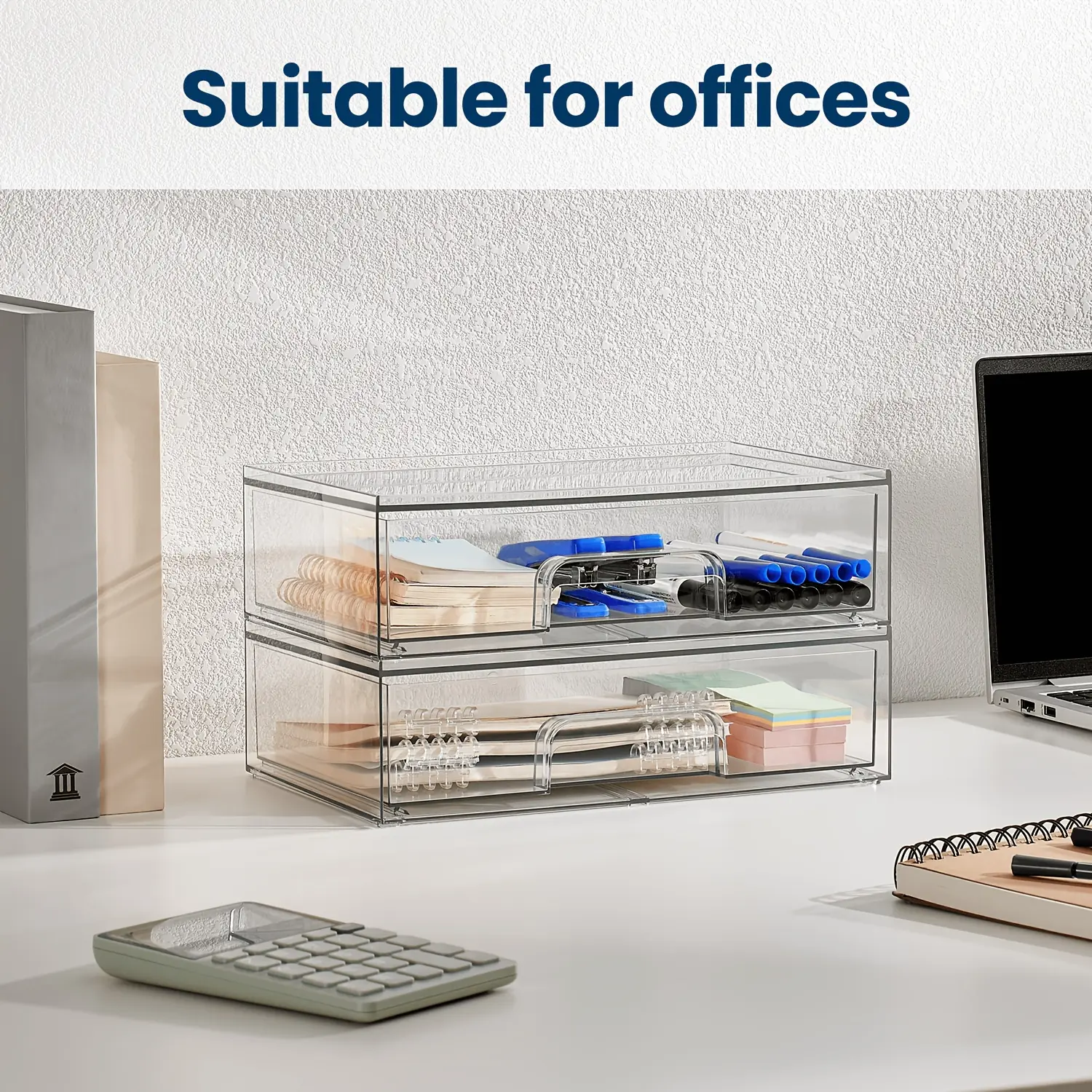 7.5"D X 12.1"W X 3.5"H Table And Drawer Storage, 2-Pack Clear Stackable Storage Drawers, Acrylic Plastic Organizer Bins, Ideal for Desk Organization, Desk & Drawer Organizer for Home Storage
