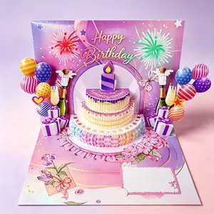 Blowable LED Candle Pink 3D Pop Up Birthday Card with Happy Birthday Song & Fireworks Light Show, Interactive Greeting Card for Her with Magic Blow Out Sensor, Cheers & Applause Sound, 24 Fiber Optic Pink LEDs, Includes Envelope & Blank Wish Card
