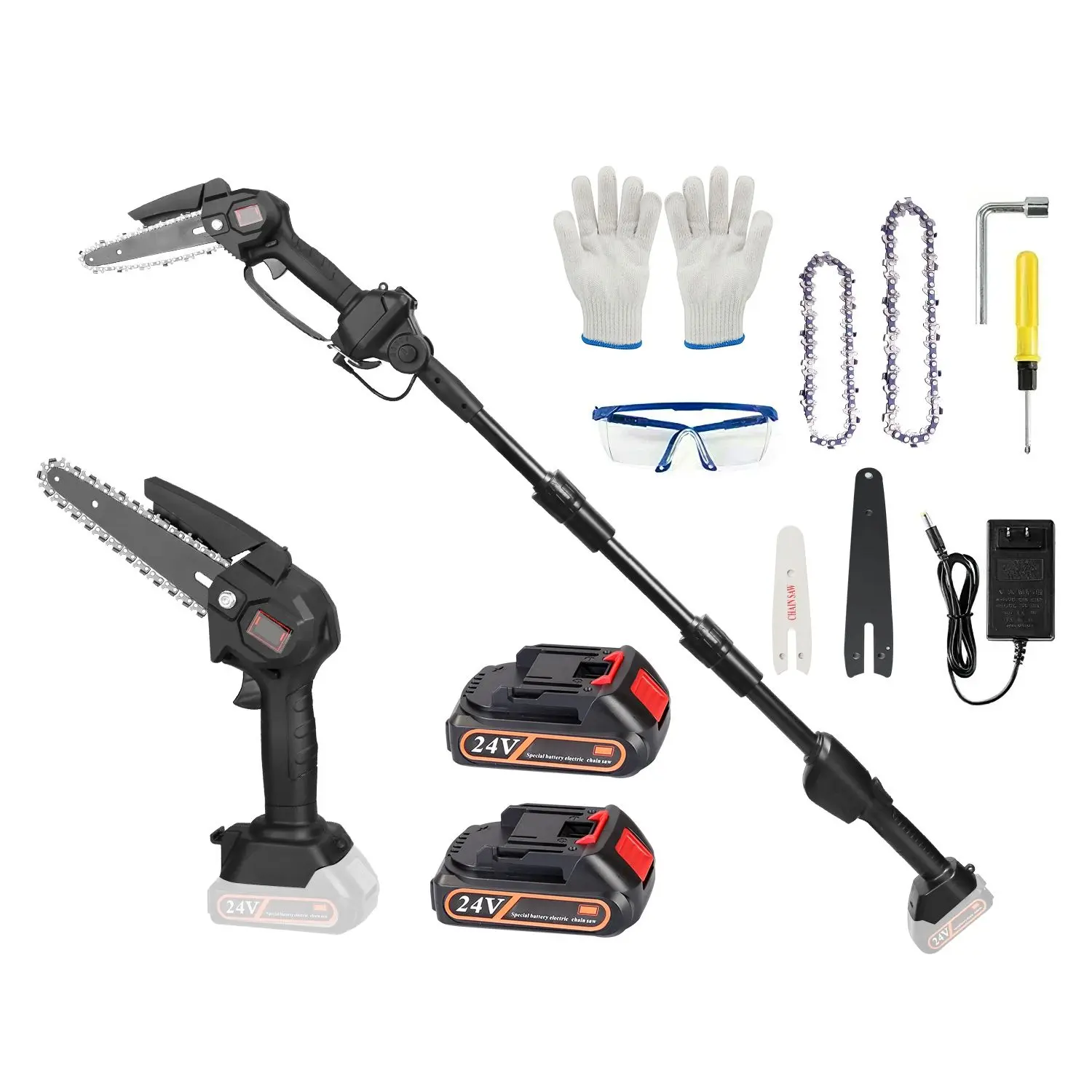 2-in-1 Cordless Pole Saw & Mini Chainsaw Electric Mini Chainsaw Length Adjustable Cordless Chain Saw with 2Pcs 1500mAh Batteries 4in/6in Chains for Tree Trimming