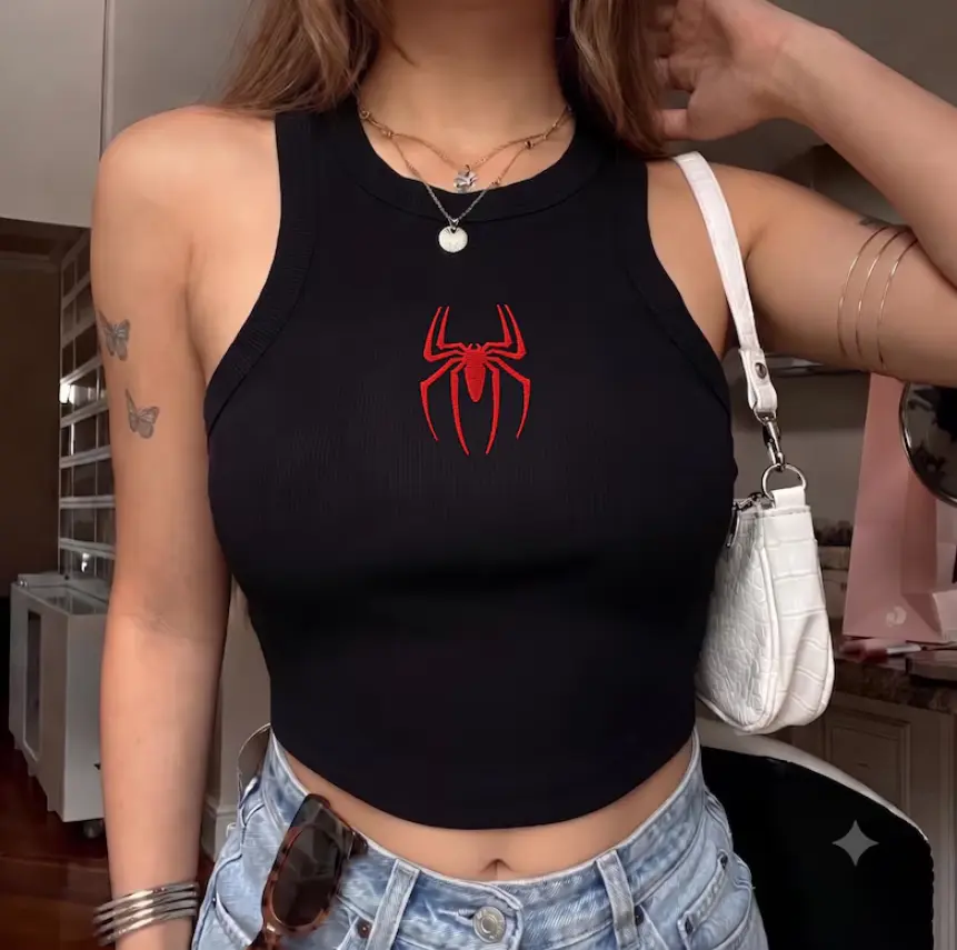 [Embroidered ] Amazing Web Hero Embroidered Women’s Tank Top, Cute Comic-Inspired Sleeveless Top, Vintage Y2K Summer Shirt, Birthday Gift for Her
