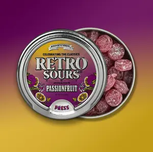 Passionfruit Retro Sour Tins - Hard Tangy Candy - Tangerine, Citrus, Mango , Red Apple, Passionfruit, Watermelon, Raspberry 1 Tin tiktok candy (3 Pack)