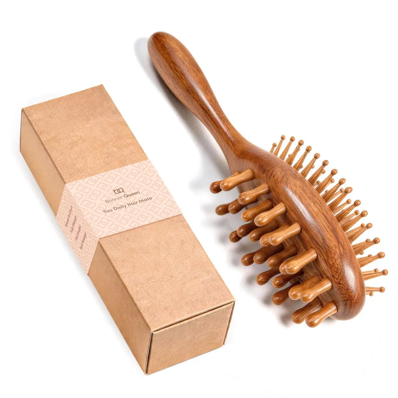 BONNET QUEEN Double-Sided Sandalwood Paddle Brush - Detangling & ASMR Scalp Massager, Anti-Frizz Tool for All Hair Types, including Curly Locks, One Size