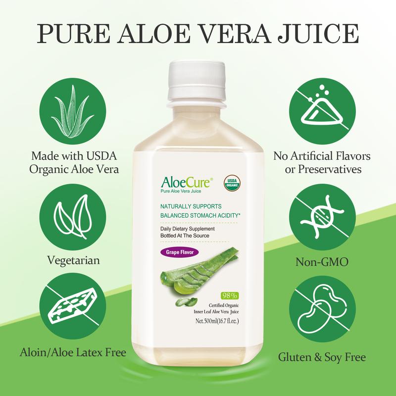 AloeCure USDA Organic Aloe Vera Juice Grape Flavor, Made Within 12 Hours of Harvest - Pure Aloe Juice For Natural Digestive & Immune Support, Naturally Supports Balanced Stomach Acidity, 500ml Bottles