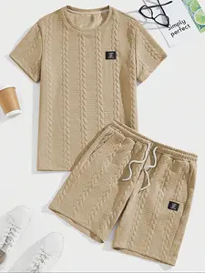Men's Knit Solid Plain Textured Patched Tee & Drawstring Waist Shorts Set, Regular Fit Casual Round Neck Short Sleeve T-shirt & Pocket Shorts, Men's Summer Clothes