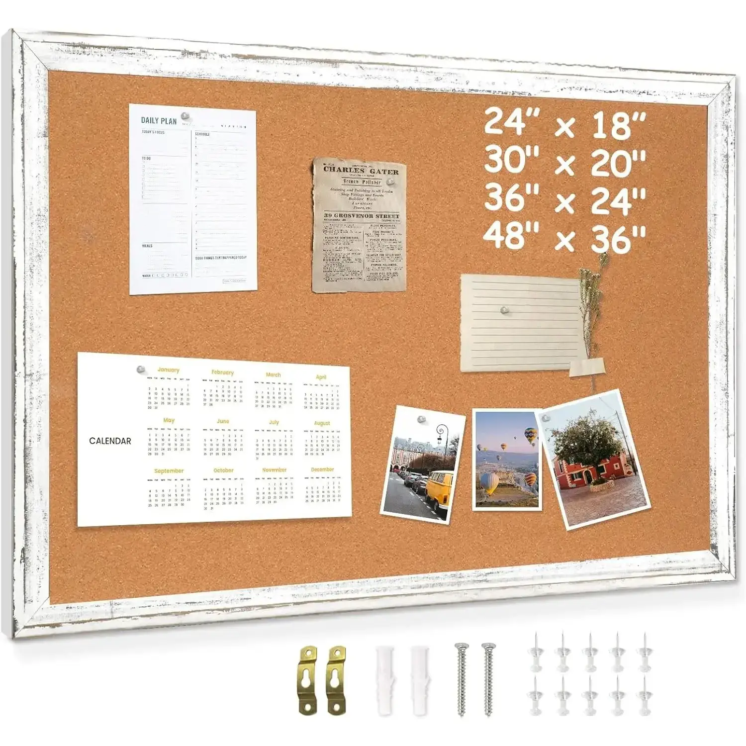 White Cork Board for Wall - 24 X 18 Inches, Rustic Wooden Frame Bulletin Board, Decorative Hanging Pin Board for Office & Home Decor