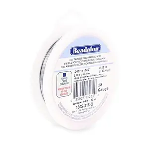 Beadalon 316L Stainless Steel Wrapping Wire, Square, 18 Gauge, 1/4 Pound Spool, Gauge/1/4 lb