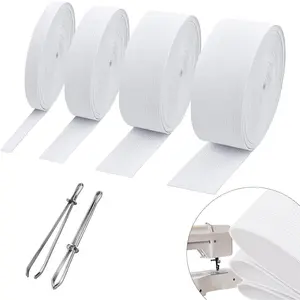 4 Rolls White High Elastic Sewing Elastic Bands 1mm Thickness Width 0.6/1/1.4/2inch 5.5 Yards/Roll with 2 Sewing Clips for Waistband Pants Dresses Swimwear Crafts DIY