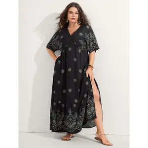 BLOOMCHIC Plus Size Wrap-Neck Maxi Dress with Side Slits and Pockets [M–6X], 2026 Summer Vibes