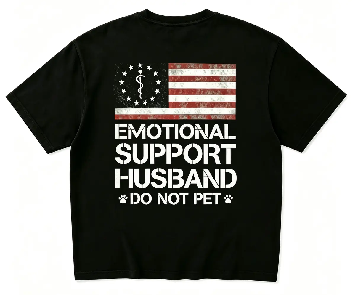 T - shirt with 'EMOTIONAL SUPPORT HUSBAND’ Flag Motif – USA Vibe