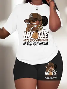 【Plus Size】 Cartoon Print Short Sleeve Tee & Skinny Matching Shorts Set, Casual Round Neck T-shirt & Short Leggings, Women's Summer Clothes for Daily Wear, Suits, Casual Lounge Set, Matching Lounge Sets