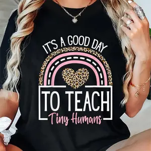 100% Cotton Comfort, Inspirational 'It's A Good Day to Teach Tiny Humans' Tee - Funny & Heartfelt Gift for Teachers, , , Machine Washable, Black with Leopard & Rainbow Graphics, Everyday Comfort|Style| Fabric