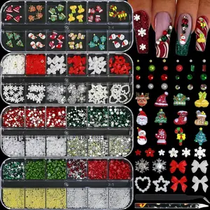 Christmas Nail Charms - 3D Bow Nail Charms, Pearls, Red & Green Nail Rhinestones, Santa, Snowman, White Snowflake, Metal Caviar Beads, with Kit, for Nail Art, Gift