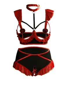 Valentine's Day Gift, Plus Size Sexy Underwear Set, Heart Fringe Bra Pads, Comfortable Sleepwear, Party Wear, New Year Charm, Soft Comfy Lingerie