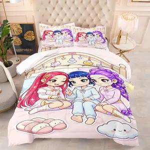 K-Pop Cartoon Anime Idol Print Comforter Set, 1 Filled Quilt and 1-2 Coreless Pillowcases, Virtual Girl Group Bestie Pajama Party Theme, Comfortable Fabric, Cozy Healing Style Bedroom Decor, Fan Gift