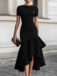 Women's Asymmetric Ruffle Dress, Fashion Slim Fit Mermaid Dress, Perfect for Formal Events and Cocktail Parties, Elegant Evening Wear Lady