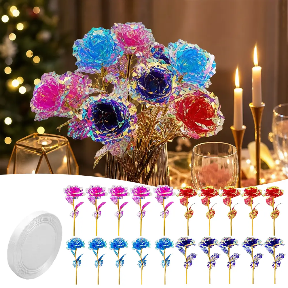 20pcs Galaxy Artificial Roses with Gold Foil Stems, Handcrafted Decorative Gifts for Valentine's Day & Home Wedding Decor