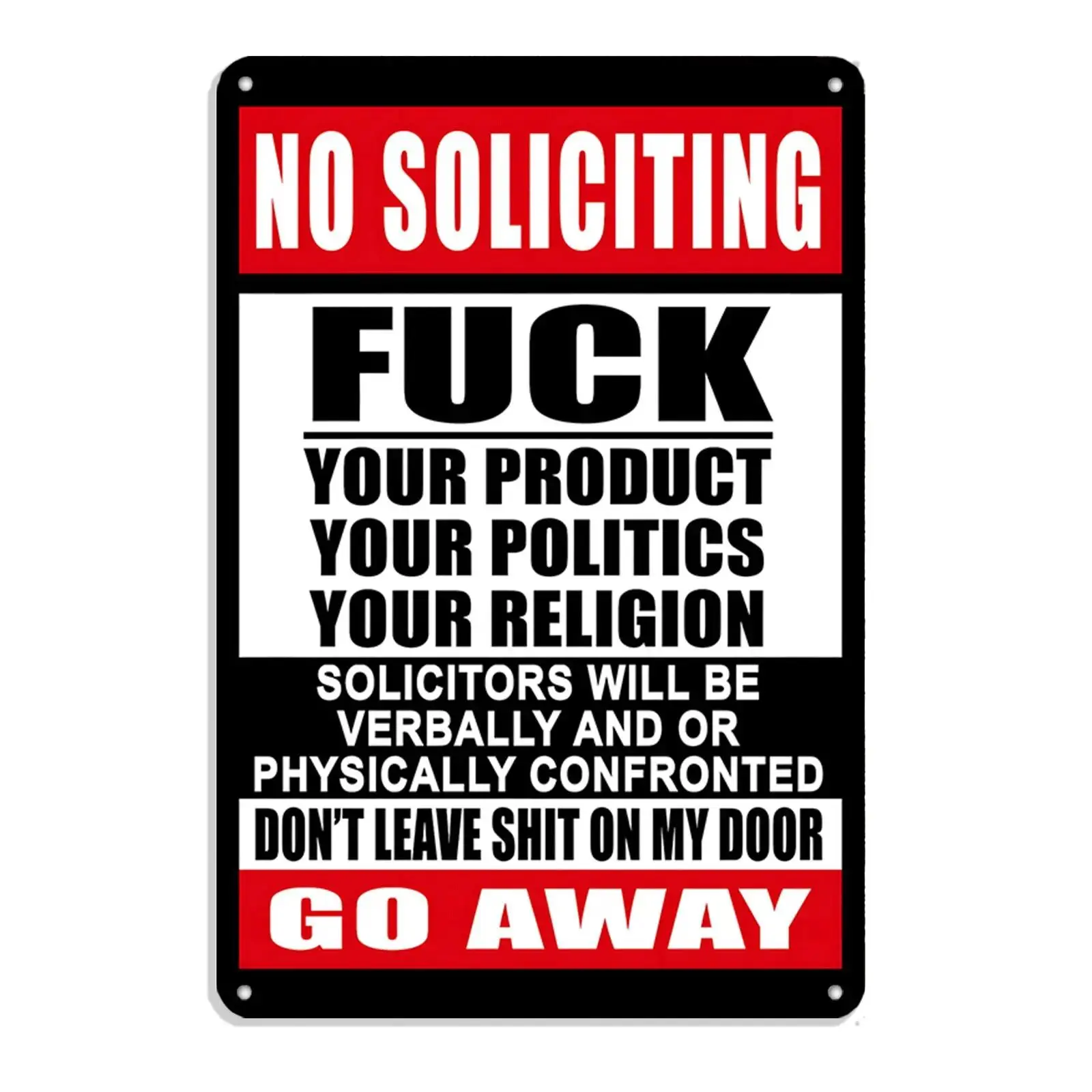 8"x12" Humorous No Soliciting Tin Sign - "F Your Products Go Away Own Risk" Easy-Hanging Aluminium Plaque, Eclectic Home Decor for Outdoor Cabin, Home Supplies Gift, Default