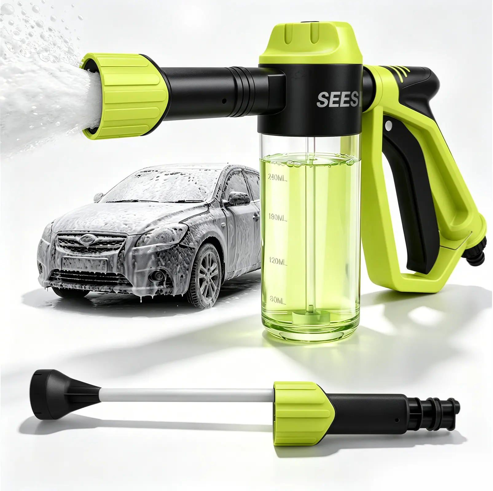 SEESE Car Wash Foam Gun for Garden Hose, Foam Cannon Car Wash Kit with High Pressure Nozzle & 3 Spray Modes, Hose Foam Blaster for Cars, Trucks, RV, Motorcycle Cleaning