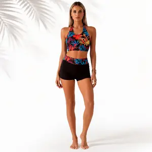 Vintage Tropical Leaf Halter High-Waisted Boyshort Split Bikini, Tummy Control Slimming Modest Swim Set