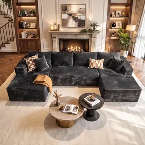 CAODOC Modular 135‘’ U Shaped Boneless Couch, Upholstered Corduroy Fabric Sectional Sofa with 6 Soft Pillows for Modern Living Room Apartment, No Assembly Required, Deep Seat Design with Two Chaise Lounges