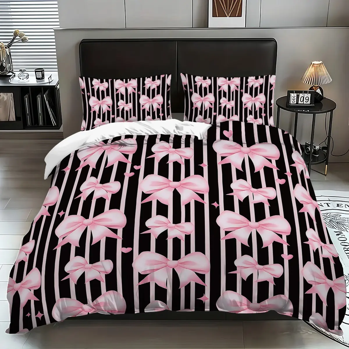 Princess Style Bedding Set, Striped Bow Print, Soft Comfortable, 3-Piece Includes Fitted Sheet & Pillowcases, Ideal for Kids Adults