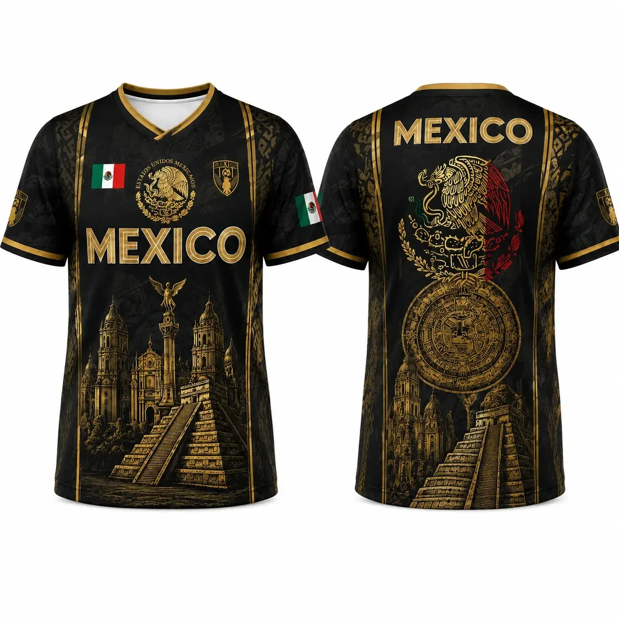 2026 Mexican Soccer Jersey for Men Women, Black Gold Aztec Eagle Chichén Itzá Pyramid V-Neck Football Shirt, Retro All Over Print Sports Top