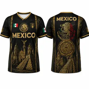2026 Mexican Soccer Jersey for Men Women, Black Gold Aztec Eagle Chichén Itzá Pyramid V-Neck Football Shirt, Retro All Over Print Sports Top
