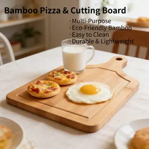 New Premium Bamboo Pizza Board & Cutting Board, Durable Chopping Board, Lightweight Durable Kitchen Food Prep Platter, Easy to Clean Serving Board for Home Restaurant Daily Use, Wooden Cutting Board