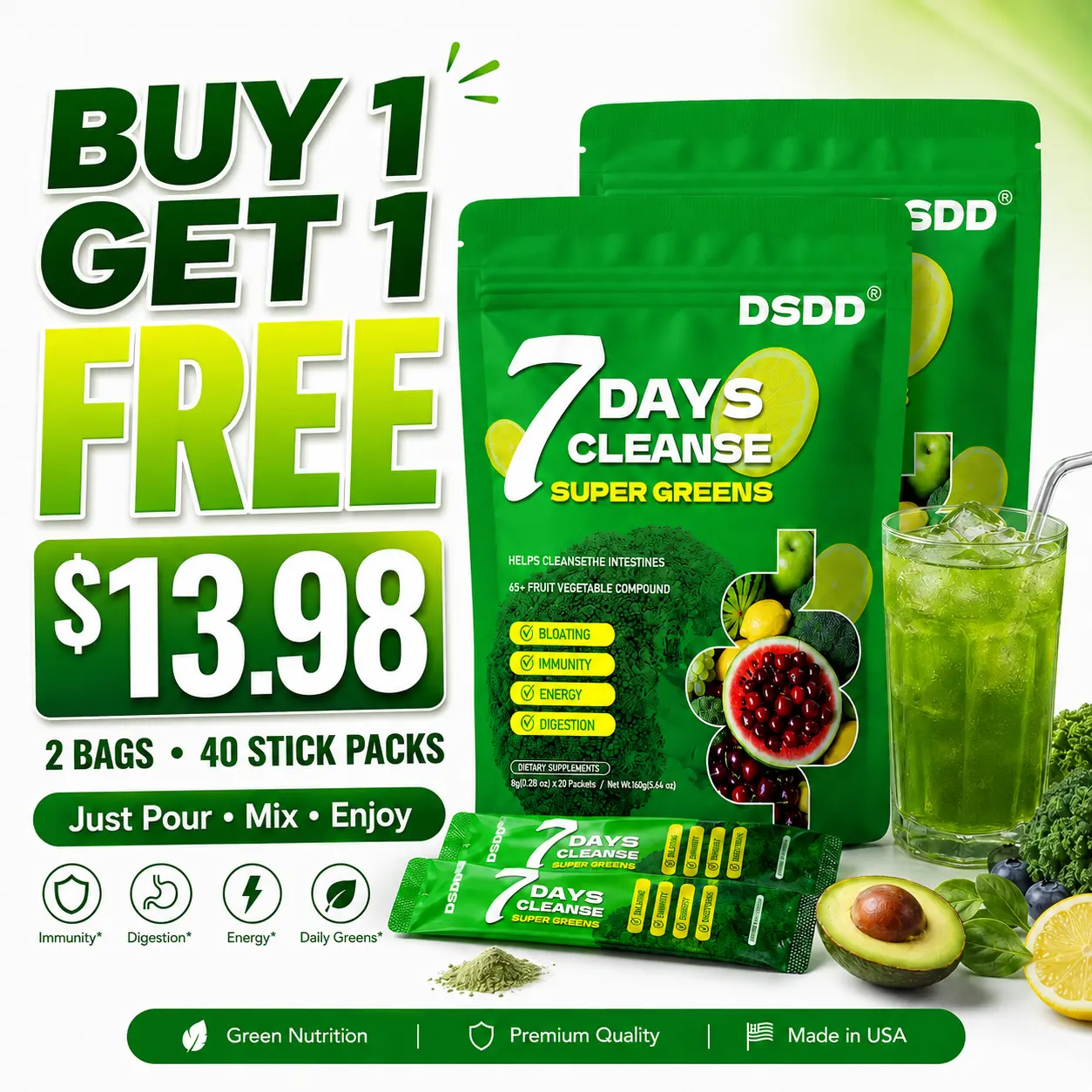 (Buy 1 Get 1 Free) DSDD 7 Days Cleanse Magic Drink 3-in-1 Super Greens Natural Dietary Fitness Supplement - Gut Cleanse, Kidney Support, Energy Boost, Body Health & Healthcare with Moringa, Prebiotics, Probiotics
