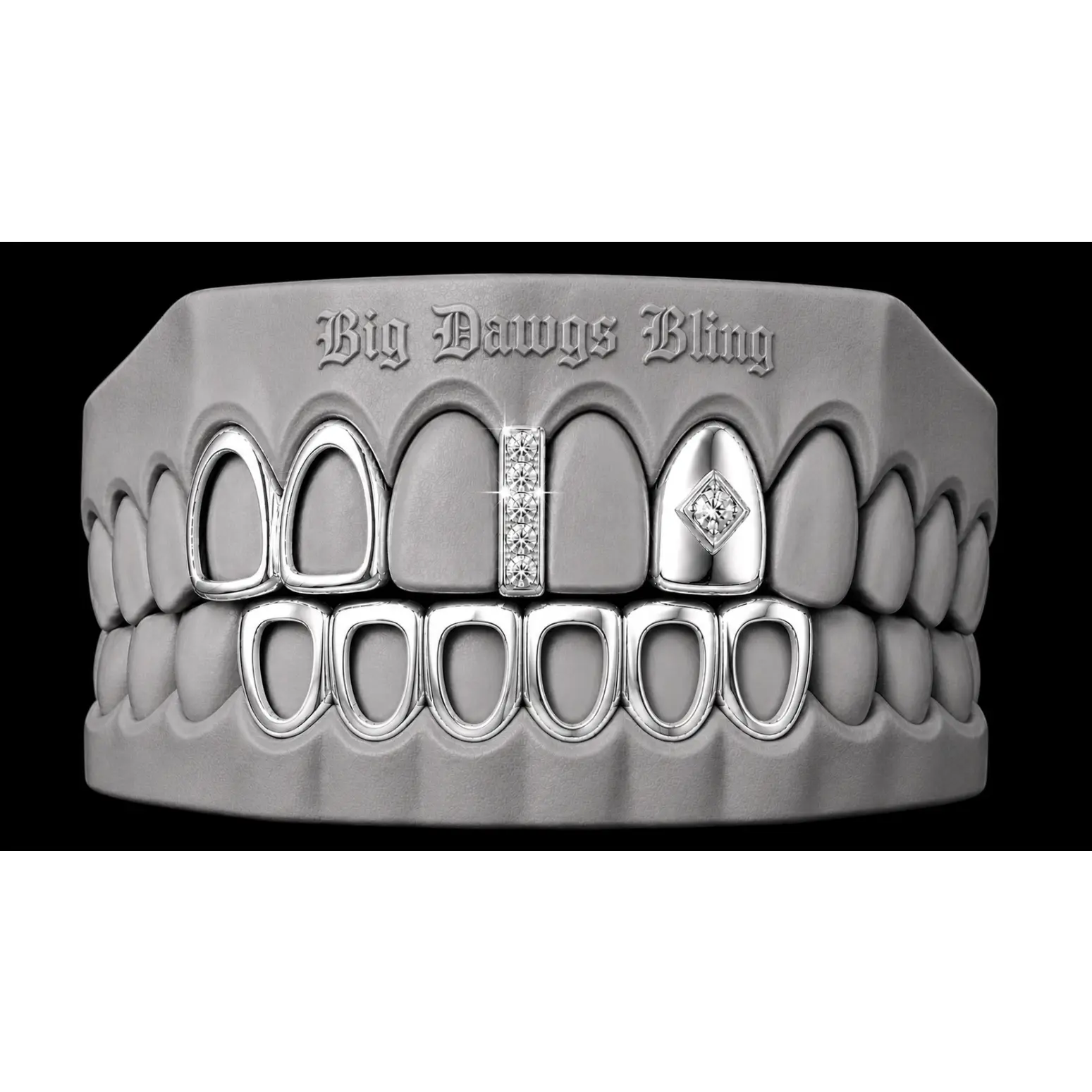 925 Silver Plated Open Double Tooth, Diamond Grillz Cap, Iced Gap & Open Lower 4pc Set